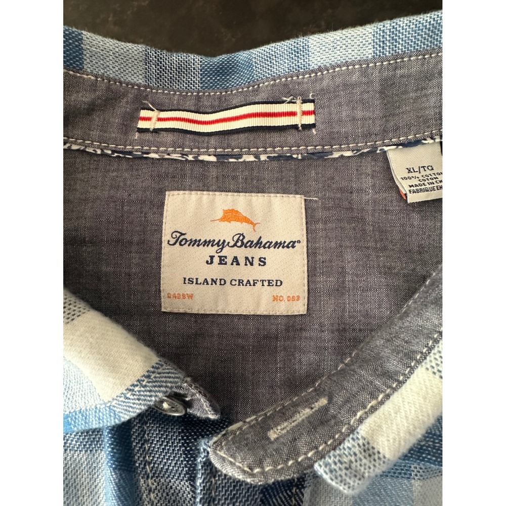 Tommy Bahama Jeans Mens XL Blue Plaid Short Sleeve Button Down Cotton Shirt